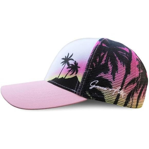 BEACH Trucker Hats for Women Pink Palm Tree- Mesh Print